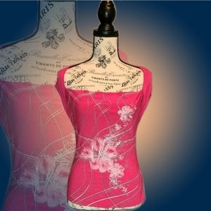 Body Central Pink Metallic Floral Cap Sleeve Top